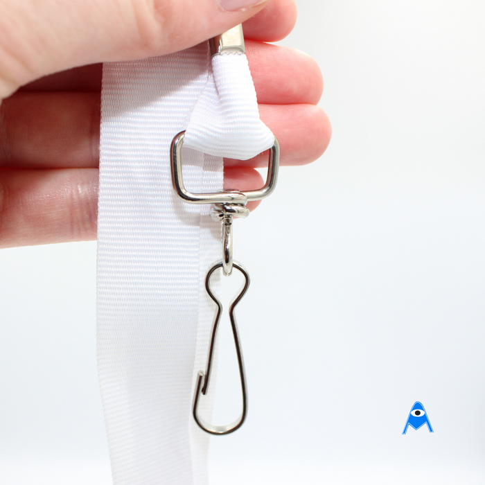 Holding flat white lanyard with swivel clip