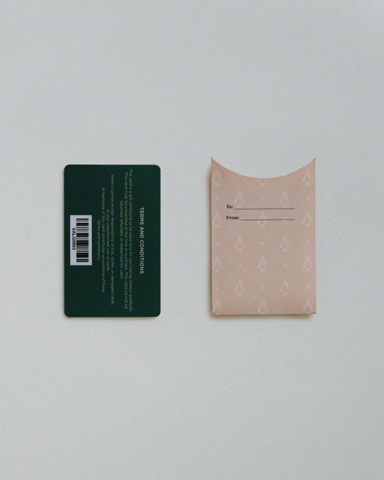 Back of Valenci gift card and sleeve