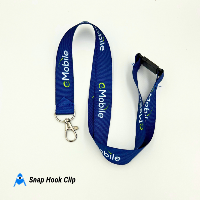Blue lanyard with 'eMobile' branding and snap hook clip on a white background