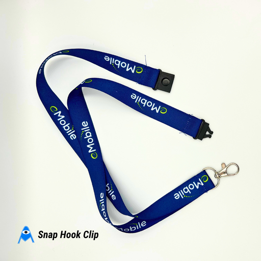 Blue lanyard with 'mobile' branding and snap hook clip on a white background
