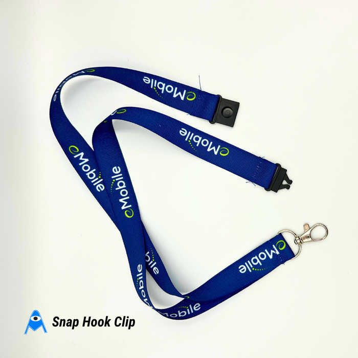 Blue lanyard with 'mobile' branding and snap hook clip on a white background