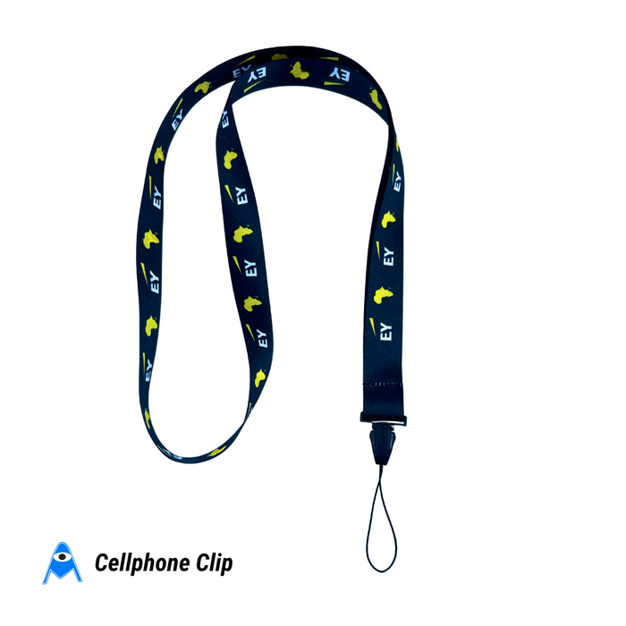 Navy blue lanyard with yellow graphics and 'EY' branding on a white background.